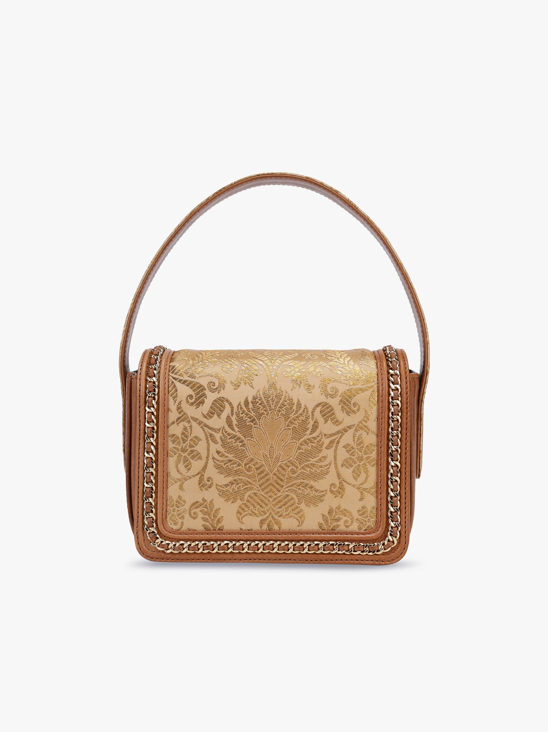 Buy gold clutch bag for women in India from Tan & Loom | Crafted with Banarasi Brocade & Genuine Leather