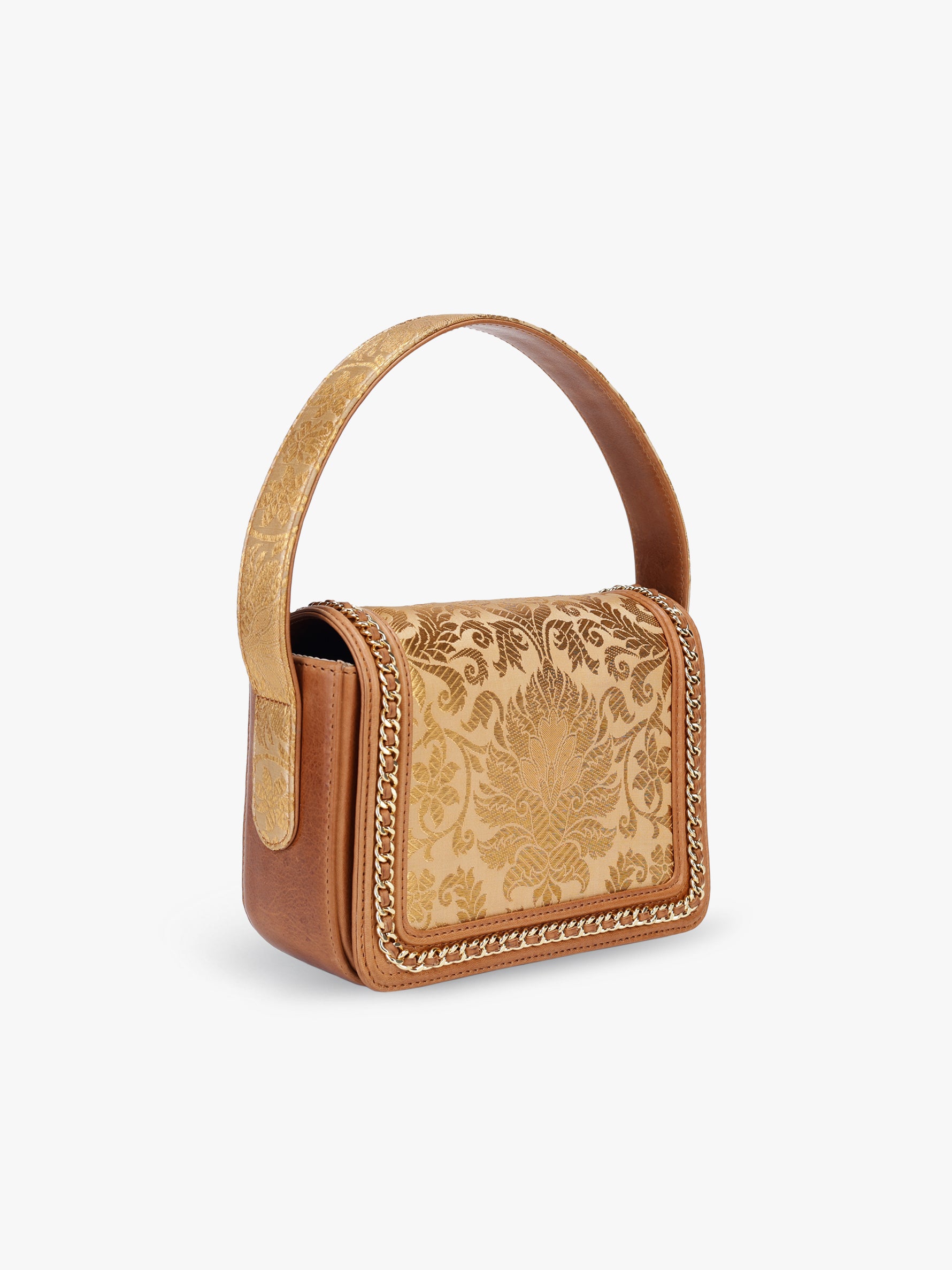 Buy gold clutch bag for women in India from Tan & Loom | Crafted with Banarasi Brocade & Genuine Leather